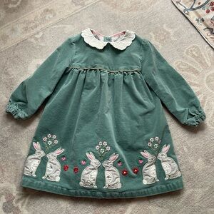 Baby Boden Green Velvet Dress with Bunny Accents Sz 18-24M